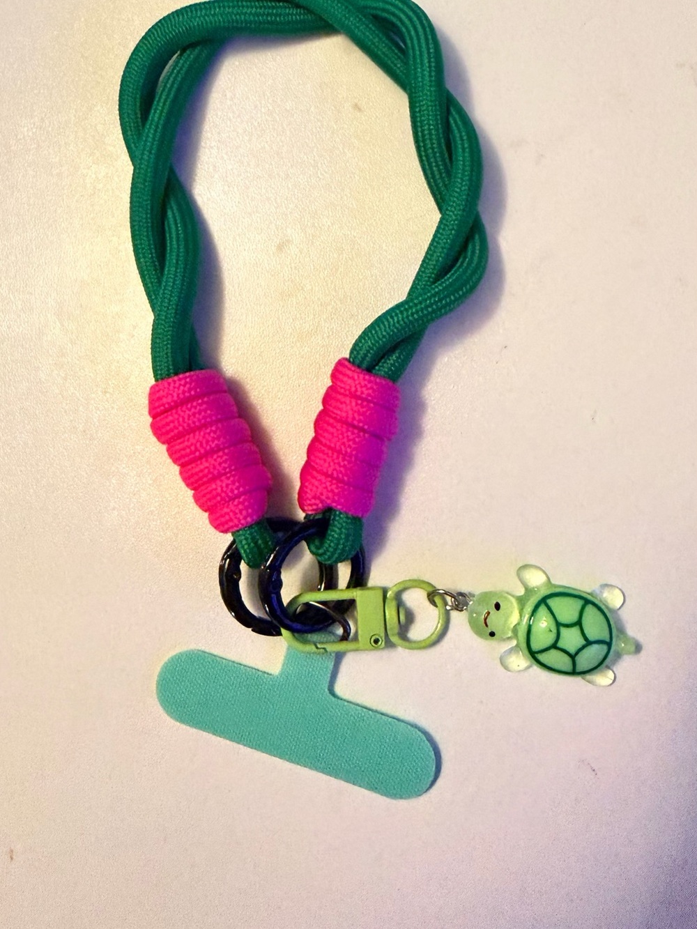 Green and Pink Corded Phone Holster Lanyard with Turtle Charm GIFTABLE